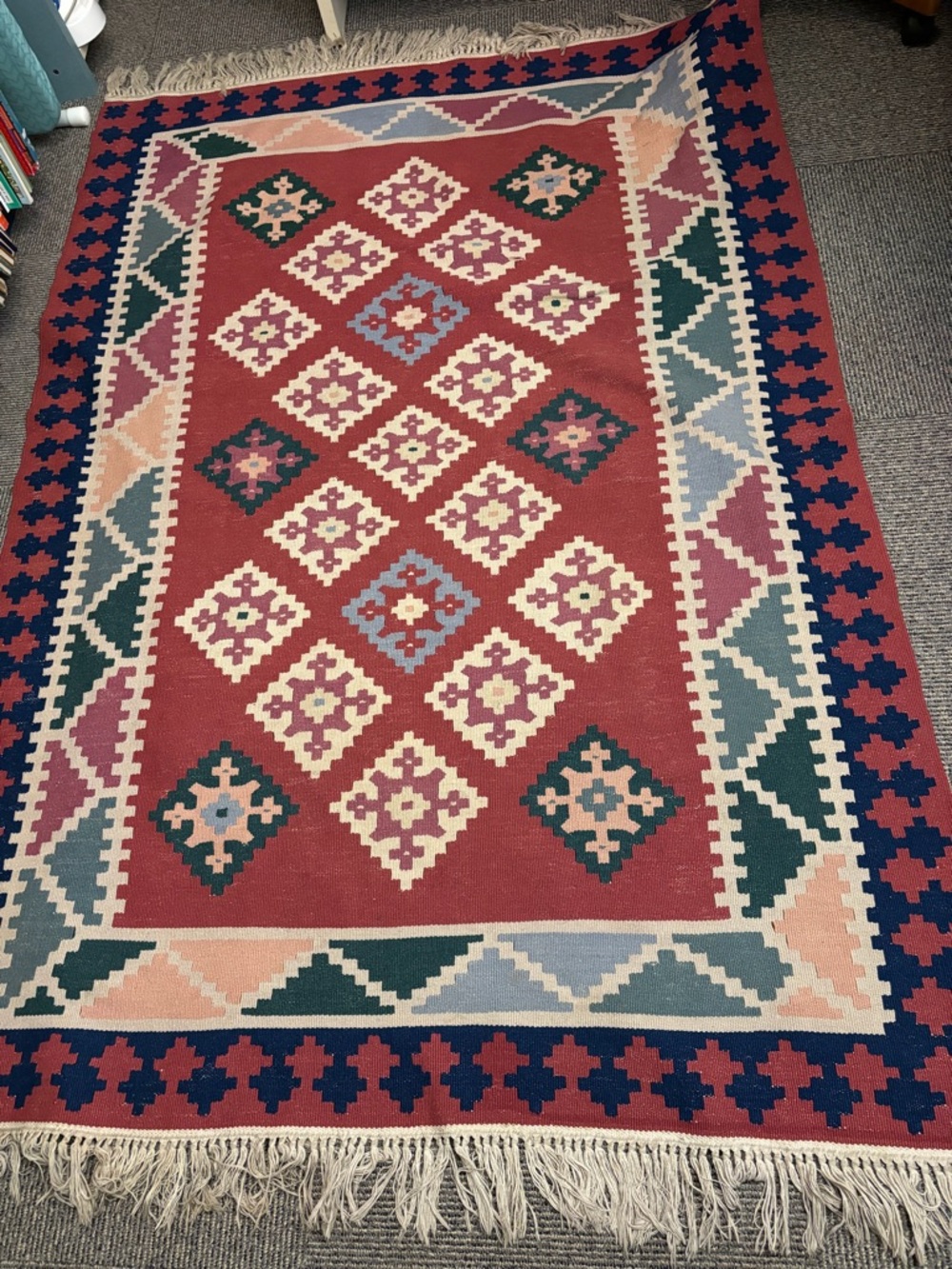 Vintage 1970s Turkish kilim 4’ x 6’ wool rug, easily folded for shipping